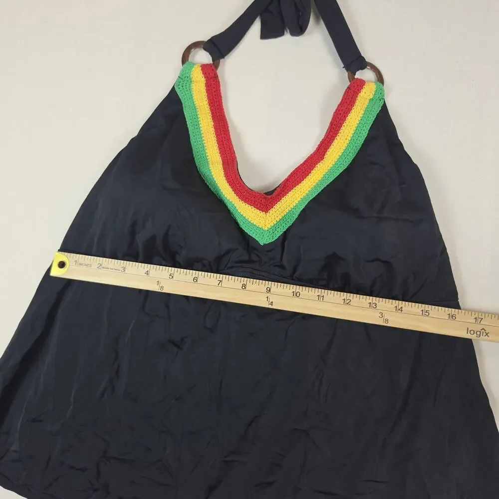 Xhilaration Women's Size 3 Black Tankini Top Rasta Crochet Halter Swimwear